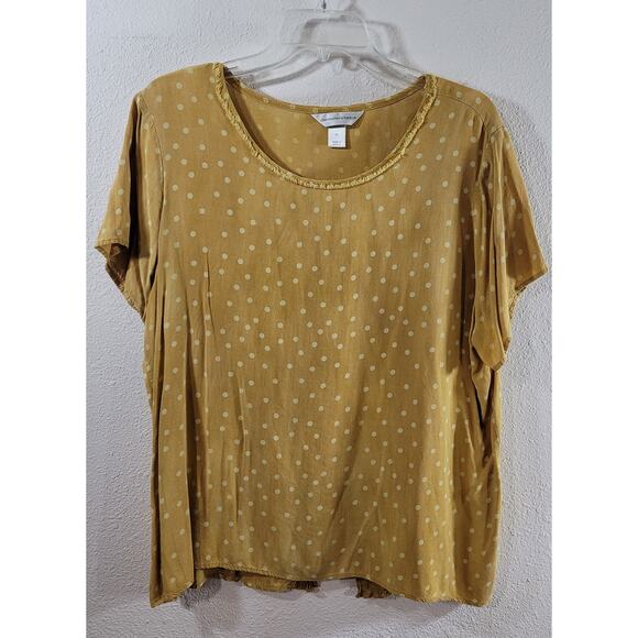 Christopher & Banks Gold Yellow Polka Dot Frayed Round Neck Top XL Lightweight - Picture 8 of 8